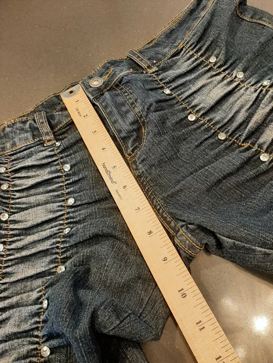 Y2K Ruched Stacked Jeans Rhinestone Studded Denim XL G.W. Maxx Neo Classic - Picture 8 of 12